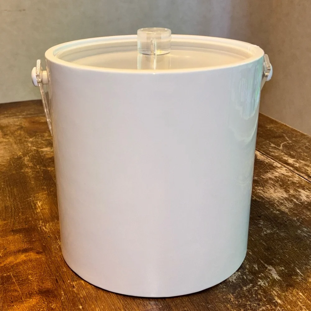 Vintage White Vinyl Ice Bucket with Lucite Handle and Lid